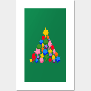 Rainbow Christmas Tree, Lightning, Star and Baubles on Green Posters and Art